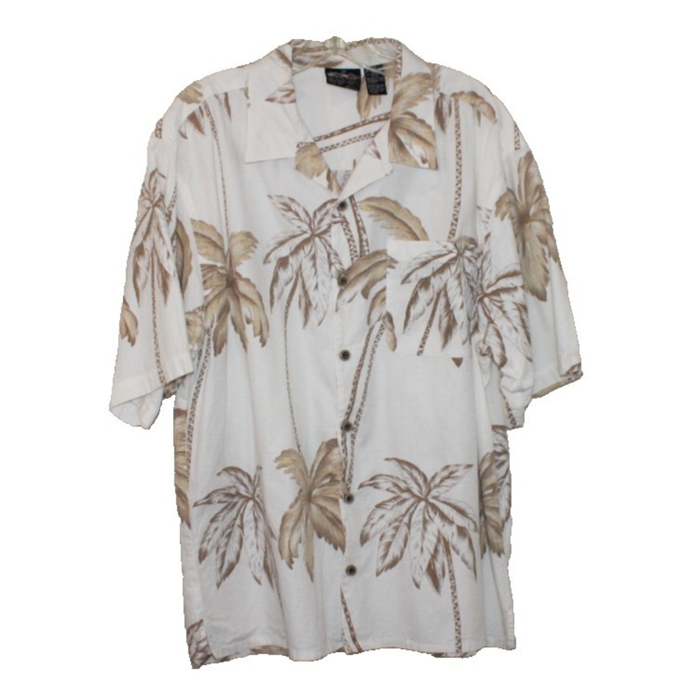 men's vintage OP Sport Large Hawaiian shirt palm trees white brown short sleeve